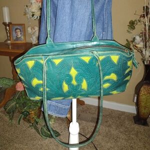 Vintage LEADERS IN LEATHER Hand Tooled Cutout Green & Teal Leather Purse Handbag